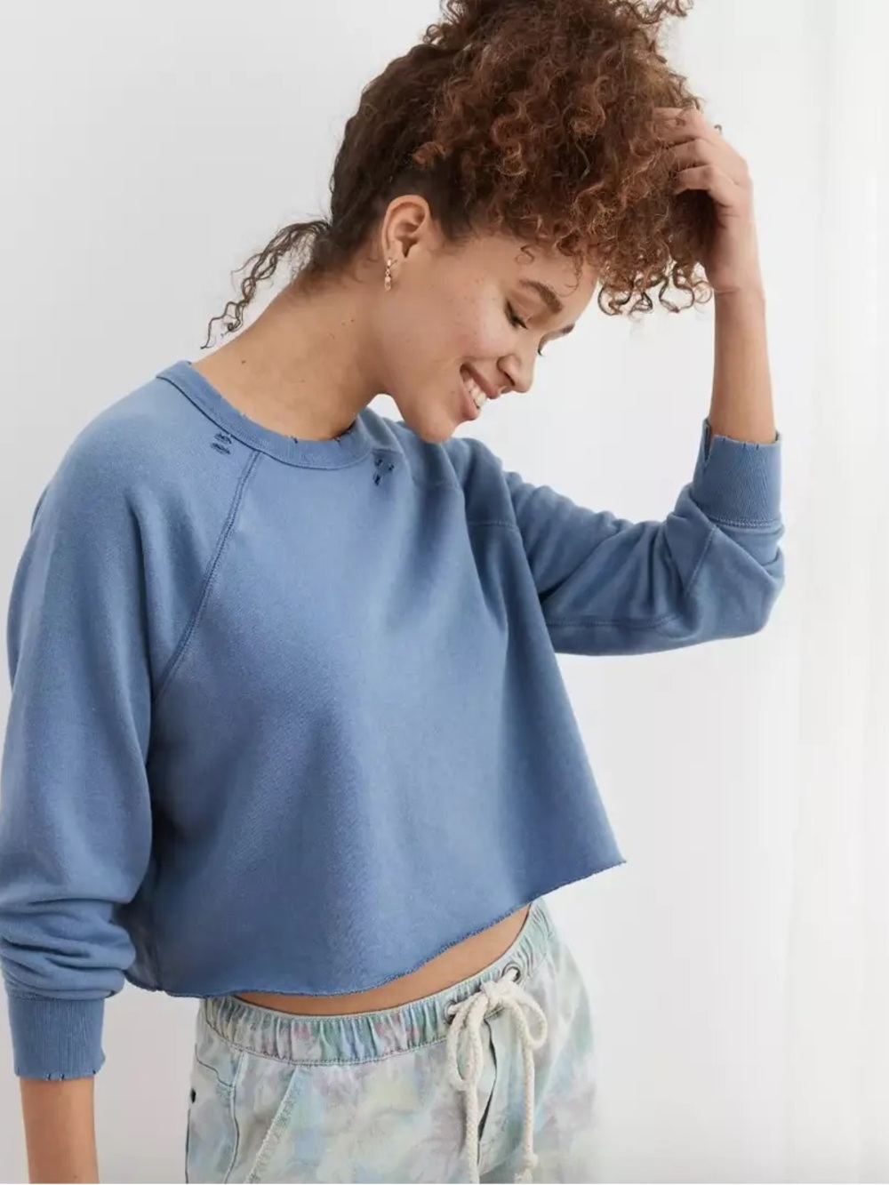 aerie Cropped Distressed Dusty Blue Crewneck Sweatshirt